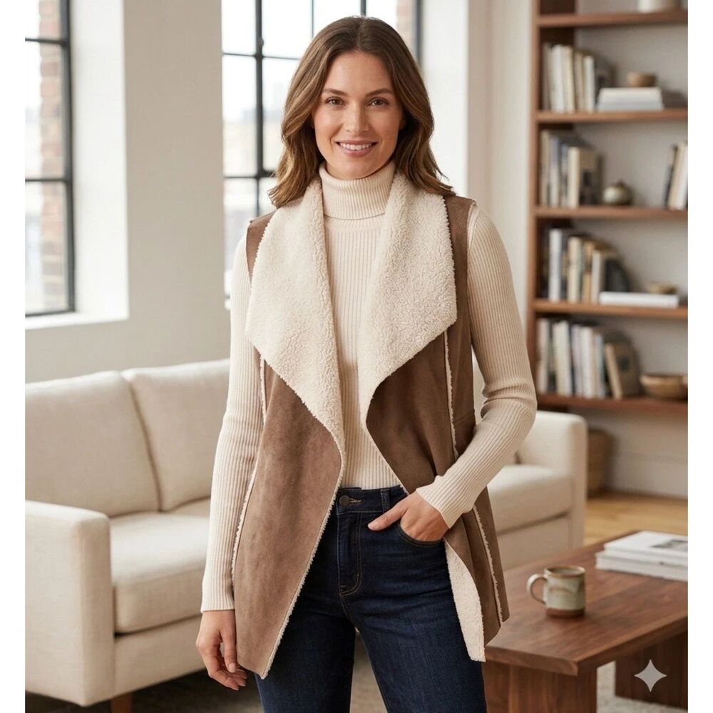 Susina Vest Womens XS Faux Shearling Suede Open Drape Front Minimal Elevated New